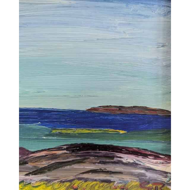 Blue Mid-Century Modern 'Echoes of the Coast' Original Mini Abstract Coastal Landscape Oil Painting, Framed For Sale - Image 8 of 10