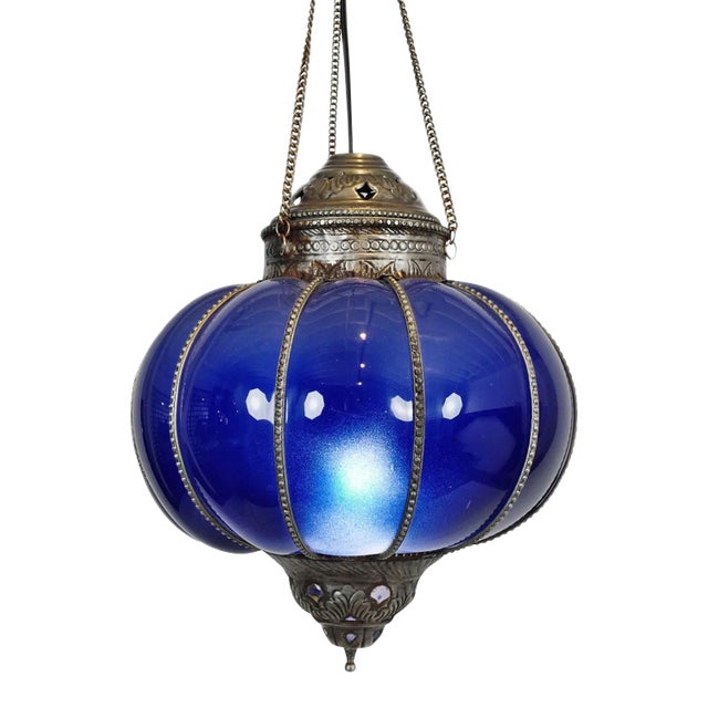 Vintage nickel and blue sprayed glass pumpkin lantern. Traditional Rajasthan style colorful hanging lantern. Great...