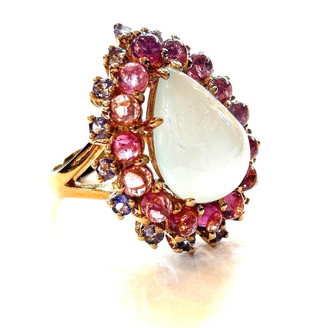Bochic “Orient” Aqua, Tanzanite & Tourmaline Cluster Ring Set 18K Gold & Silver, Size 8 For Sale - Image 10 of 12