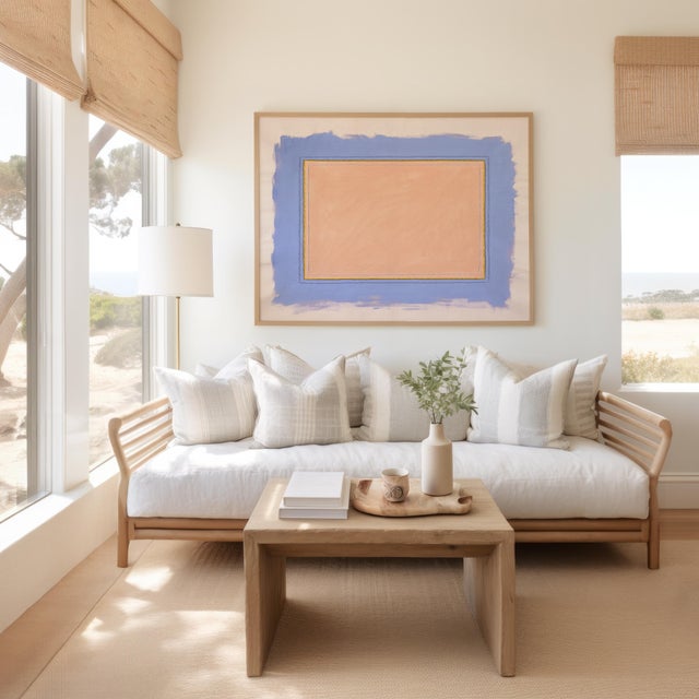 Minimalist Abstract Fine Art Print, Blush Pink & Cornflower Blue, 30 X 38 Print in Wood Frame For Sale - Image 4 of 5