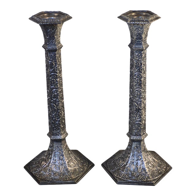 Antique Ornate Victorian Pair Repousse Tavern Dutch Scene Silverplate Derby Candlesticks Marked For Sale