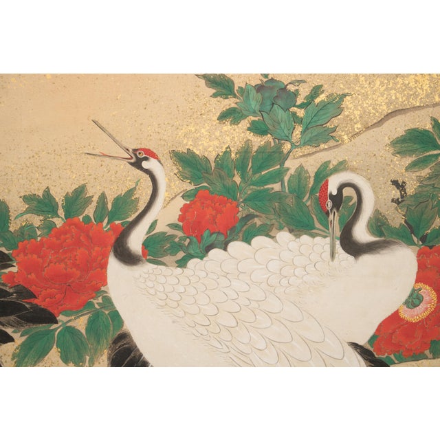 XL Meiji Era Japanese Byobu Screen "Landscape With Red-Crowned Cranes" in Yamato-E Style For Sale - Image 11 of 12