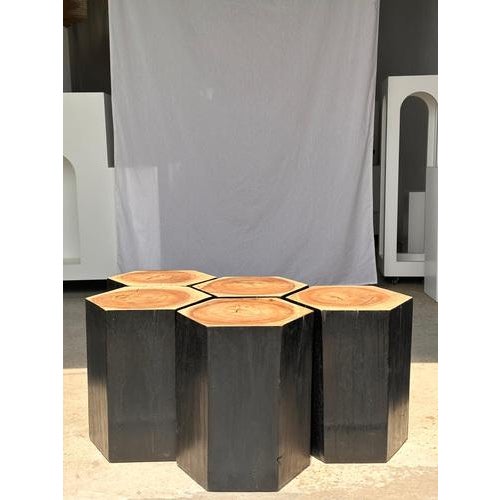 Hexagonal Stools in Two-Tone Suar, Set of 5 For Sale - Image 18 of 18