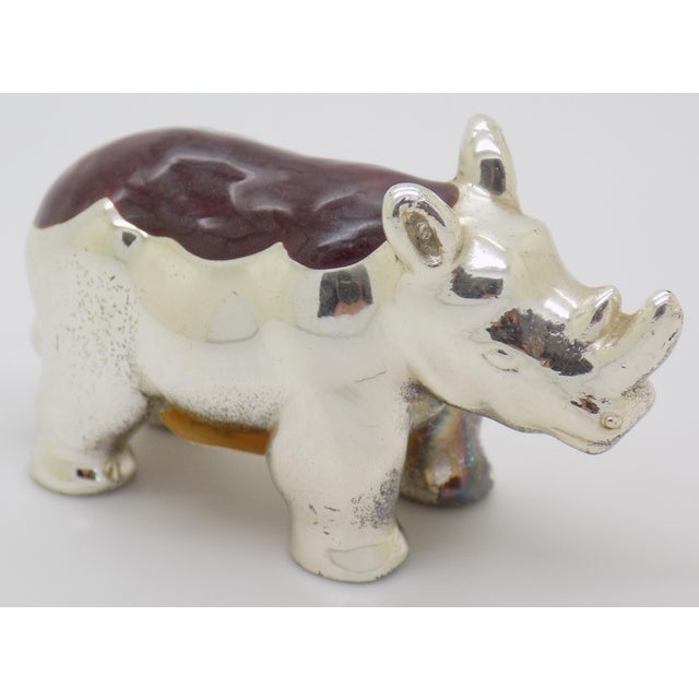 Italian Vintage Italian Handmade Genuine Sterling Silver Enameled Rhino Figurine Ottaviani 925 Animal Miniature Cabinet Curiosity Rare Collector For Sale - Image 3 of 11