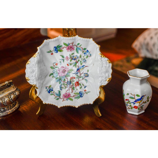 Aynsley Pembroke scalloped porcelain dish and a matching small vase. 7" X 8" Tab Handled Dish Asian-inspired pattern...