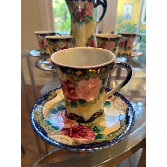 Late 19th Century Nippon Hand-Painted Porcelain Chocolate Pot Set With Cups and Saucers For Sale - Image 4 of 8