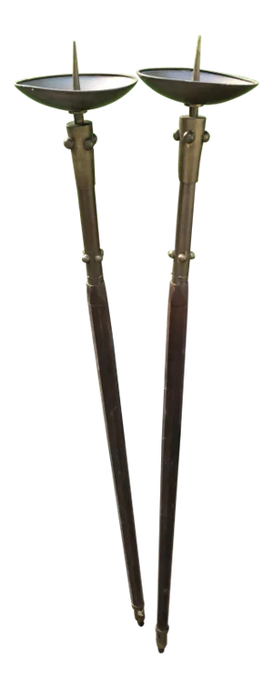 Antique Gothic Solid Brass and Chamfered Wood Torchieres - a Pair