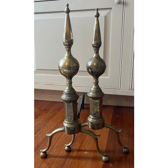 American Tall Antique Early 19t Century American Federal Steeple Top Brass Andirons Circa 1800 - A Pair For Sale - Image 3 of 8