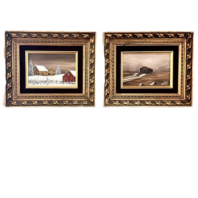 1970s Pair Vintage Framed Winter Landscape Oil Paintings Signed John Peppe For Sale - Image 5 of 16