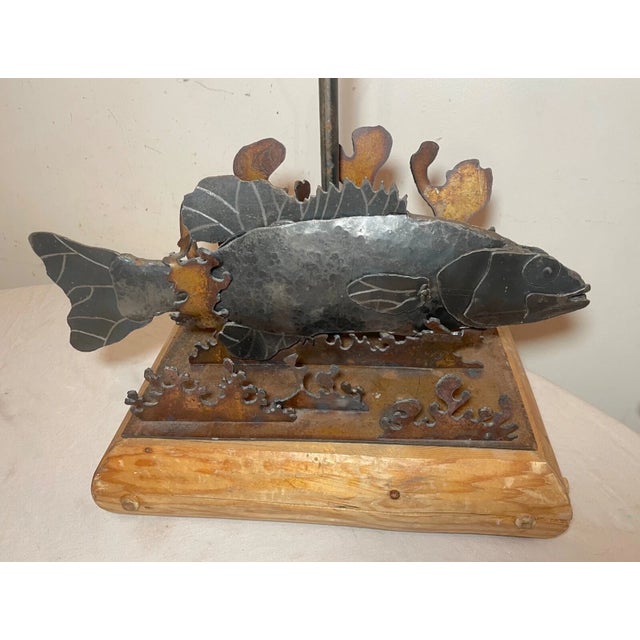 Vintage Handmade Folk Art Cut Sculpted Steel Metal Wood Figural Fish Table Lamp For Sale - Image 4 of 12
