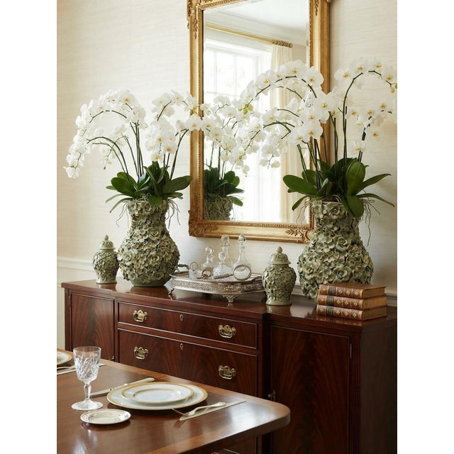 Asparagus Vintage Italian 20" Encrusted Floral Ceramic Urn Vases - Pair in Muted Sage Green For Sale - Image 8 of 12