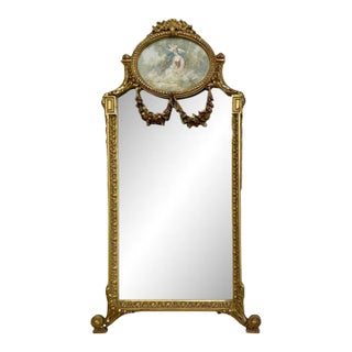 French Neoclassical Style Giltwood Wall / Console Mirror With Oval Artwork For Sale