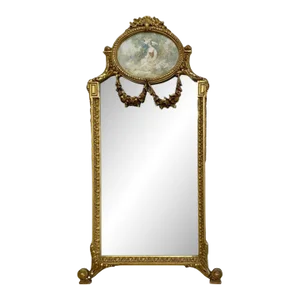 French Neoclassical Style Giltwood Wall / Console Mirror With Oval Artwork