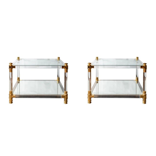 Mid 20th Century Mid 20th Century Pair of French Lucite & Brass Side Tables With Mirrored Glass Tops For Sale - Image 5 of 5