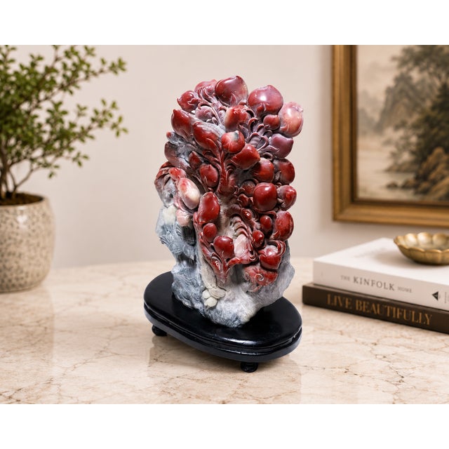 Stone Large Chinese Shoushan Stone Peach & Crane Carving on Wood Stand, 12"h For Sale - Image 7 of 7