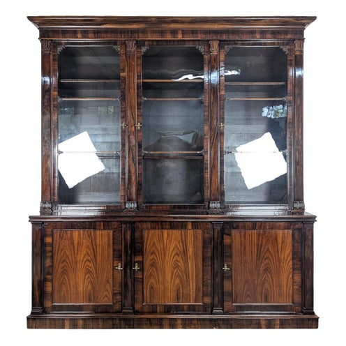 Large English Bookcase in Exotic Wood with Three Glass Doors For Sale