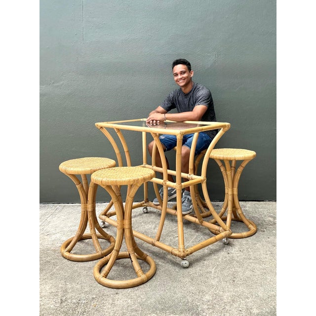 Vintage Rattan High Top Table With Coordinating Stools - Set of 5 For Sale - Image 12 of 17