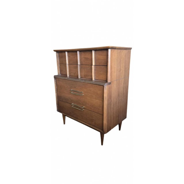 Kent Coffey Kent Coffey “Eloquence” 1960s Walnut Bedroom Suite — Queen Bed, Highboy, Dresser + Mirror For Sale - Image 4 of 11