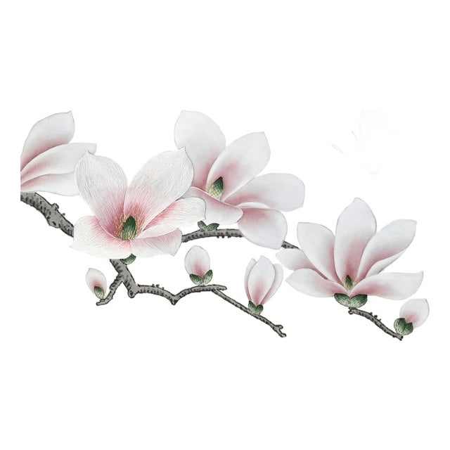 Hand Painted Silk Wallpaper With Magnolia & Butterfly Design, Luxury Chinoiserie Floral Wallcovering, Elegant Botanical Wall Decor For Sale