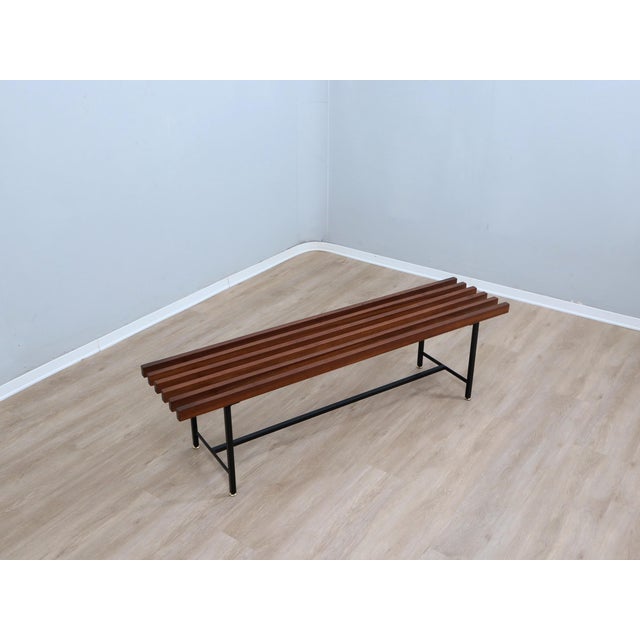 Mid-Century Slatted Teak Bench with Iron Frame, Italy, 1950s For Sale - Image 11 of 12