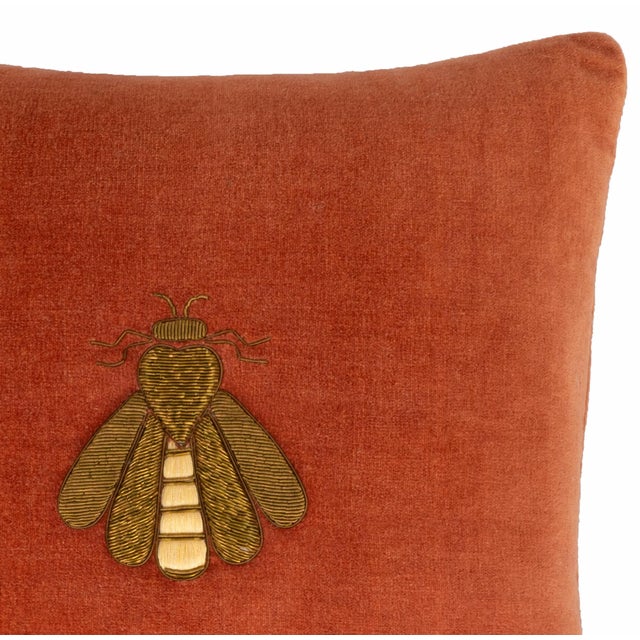 Contemporary Red Bee Velvet Embroidered Throw Pillow Cover, 12 X 12 For Sale - Image 3 of 5