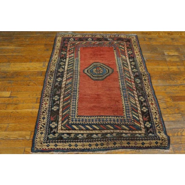 Antique Caucasian Rug, size: 3' 0'' x 4' 4''. Antique Caucasian Geometric Medallion Wool Hand Knotted Pile Coral / Salmon...