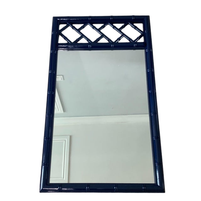Chinoiserie Vintage Faux Bamboo Navy Blue Chinoiserie Chippendale Palm Beach Wall Mirrors Pair For Sale - Image 3 of 9