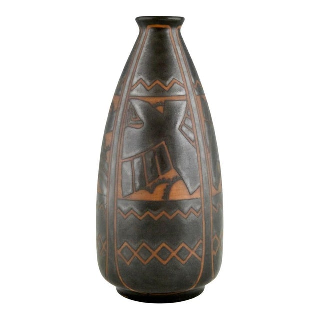 Art Deco stoneware ceramic vase with birds by Charles Catteau. For Boch Frères, Keramis. Signed Ch Catteau, Model number D...