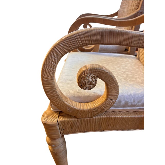 Champagne Vintage Woven Rattan High-Back Armchairs With Scroll Arms, a Pair For Sale - Image 8 of 12