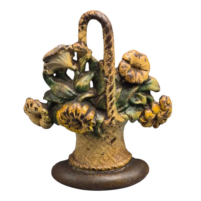 Yellow Antique Cast Iron Yellow Flower Basket Doorstop For Sale - Image 8 of 8