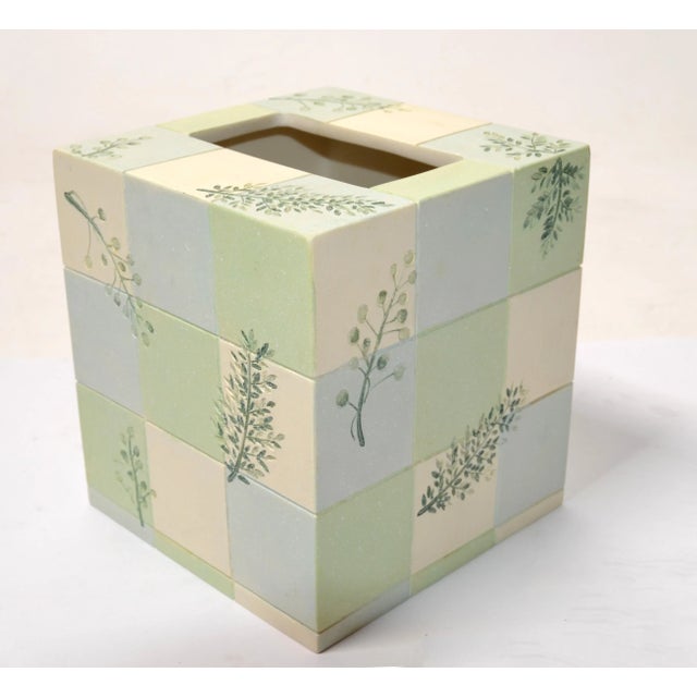 Ceramic 1980s Hues of Green Hand Painted Square Ceramic Tissue Box Cover Branches For Sale - Image 7 of 12