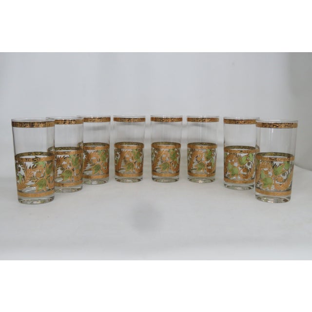 Mid-Century Modern Culver Highball Glasses Green Ivy and 22k Gold Vines Set of Eight 4602b For Sale - Image 3 of 12