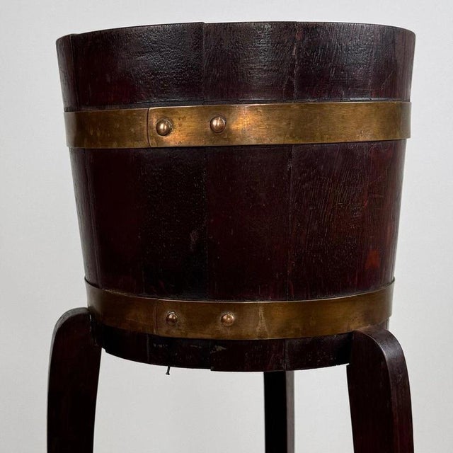 Gold Antique English Brass-Bound Oak Barrel Plant Stand, 1890s For Sale - Image 8 of 9