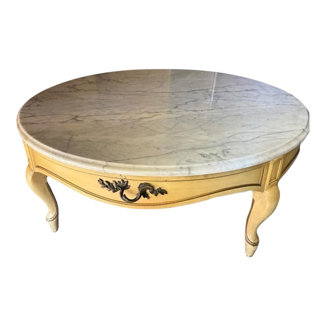 Vintage Weiman Hollywood Regency French Provincial 40-Inch Round Marble-Top Coffee Table With Concealed Drawer For Sale