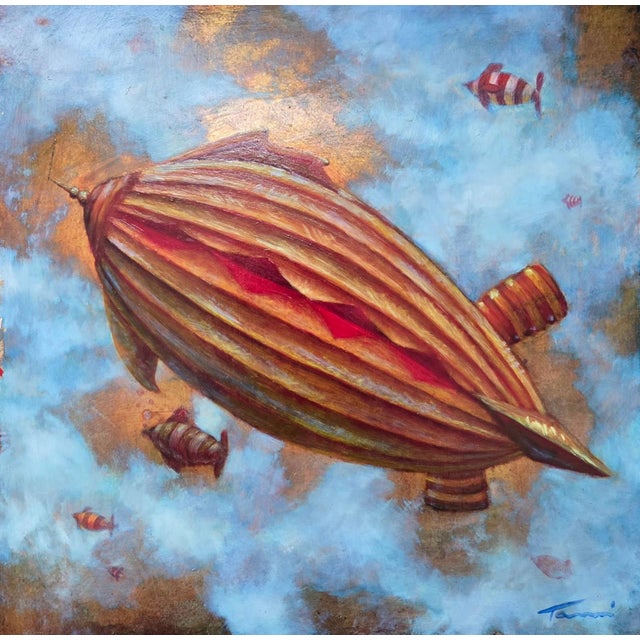 An Exceptional Flight by Tammi Otis | Oil Painting of a colorful airship in the sky with fish. For Sale - Image 4 of 4