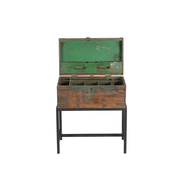 Vintage Anglo-Indian Teakwood Chest on Iron Legs, originally a writing slope/lap desk with a beautiful interior in old...