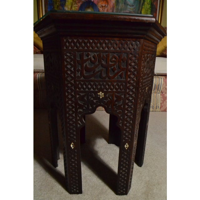 Shell Vintage Authentic Hand Carved Moroccan Side Table Glass Mother of Pearl Inlay For Sale - Image 7 of 9