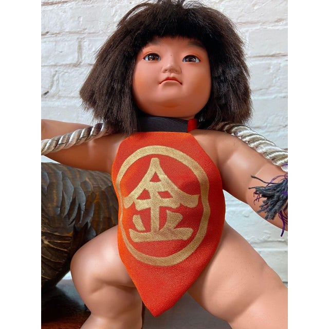 Vintage Japanese Kintarō Doll with Carved Wooden Bear, 1970s For Sale - Image 4 of 12