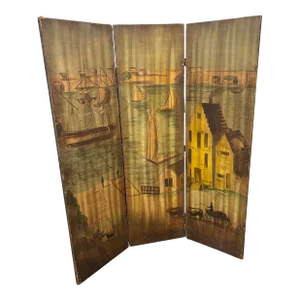 Antique Hand-Painted Folk Art Room Divider Partition 3-Panel Screen With Nautical Commercial City Harbor Scene