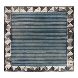 Oversized Vintage Dhurrie Square Rug in Blue Stripes and Geometric Border For Sale