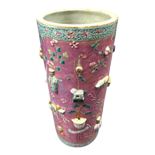 Chinese Chinese 19/20th C Famille Rose Umbrella Stand With Relief Decoration For Sale - Image 3 of 12