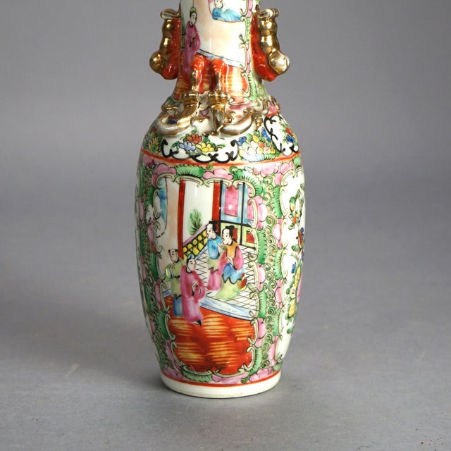 Antique Chinese Rose Medallion Porcelain Double Handled Vase, Circa 1900 For Sale - Image 4 of 9