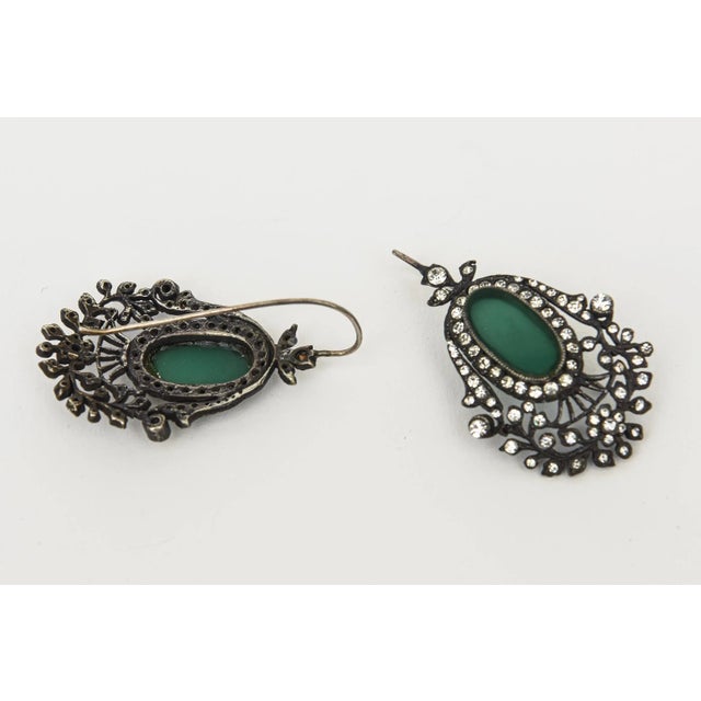 Metal Vintage Czech Rhinestone, Rhodium, Silver, Green Glass Dangle Pierced Earrings - 2 Pieces For Sale - Image 7 of 10