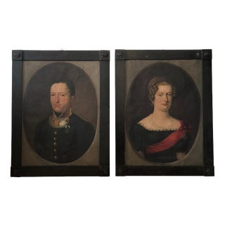 Gentleman and Lady Portraits, 19th Century, Oil Painting on Canvas, Framed, Set of 2 For Sale