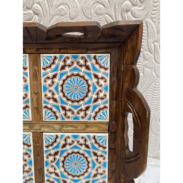 A beautiful mid century, Mexican Talavera tiled and carved wood tray, perfect for your party! A true treasure!