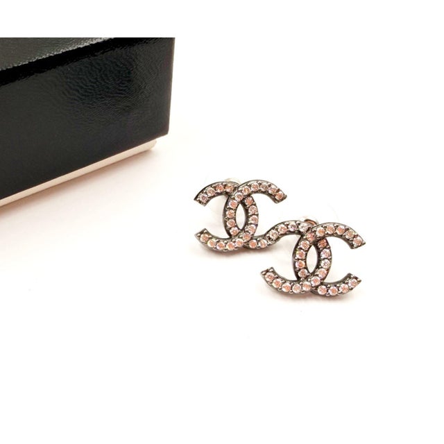 Contemporary Chanel Gunmetal CC Crystal Medium Piercing Earrings, A Pair For Sale - Image 3 of 5