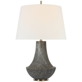 Thomas O'Brien by Visual Comfort Signature Kefi 25" Table Lamp in Dark Travertine with Linen Shade For Sale