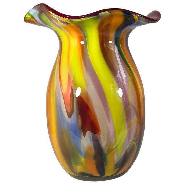 Glass Bulbous Orange Marbled Flared Lip Art Glass Vase For Sale - Image 7 of 16