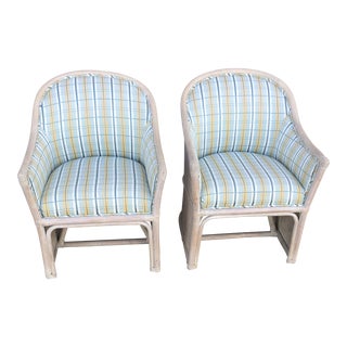 Gabriela Crespi Style Split Reed Rattan Barrel Upholstered Chairs - Set of 2 For Sale