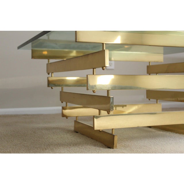 1970s Stacked Polished Lacquered Brass Bars Base Glass Top Square Coffee Table For Sale - Image 11 of 12